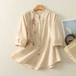 Real Shot of 2025 New Summer Printed Cotton and Linen Stand-Up Collar Five-Quarter Sleeve Shirt for Women, Loose Casual Versatile Top, Thin Style