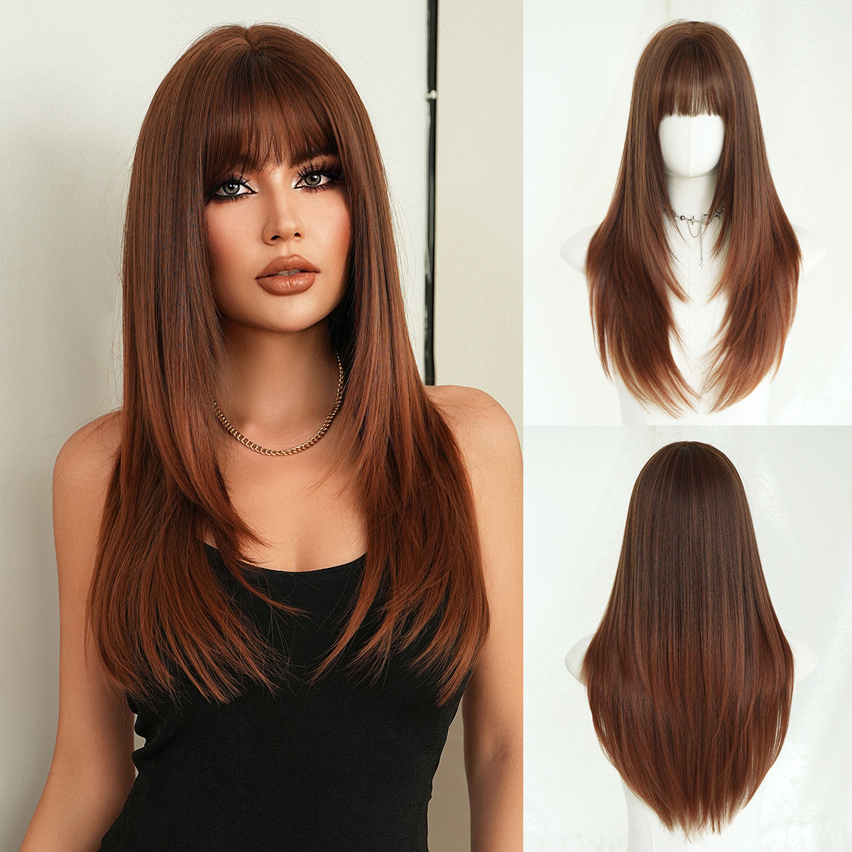 Peruca de moda femenina cara redonda capa de cabello recto super largo cabello negro completo peluca de alta calidad fibra química cubierta de cabeza