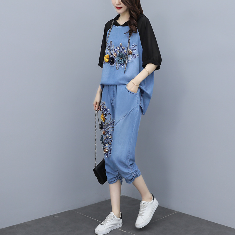 Large size women 2021 summer new pattern fashion Chiffon Mosaic suit Fat sister Show thin Jeans Two piece set