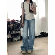 禅意风水洗浅蓝色牛仔布/棉裤女春夏季新款裤高腰显瘦拖地裤子