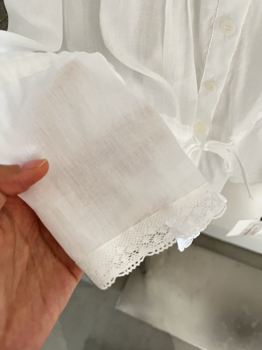Áo sơ mi nữ tay bồng ren cotton linen thắt eo 2026 — Xanh nước biển, màu trắng, Bột cam chi tiết 15