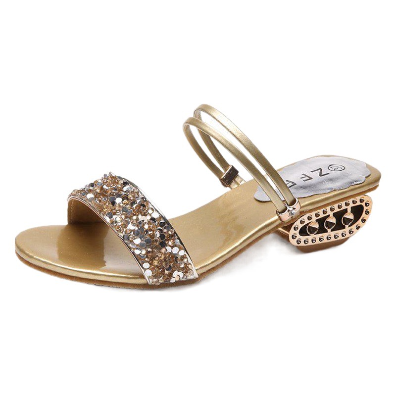 Sandalias y zapatillas de mujer 2023 zapatos de lentejuelas de diamantes de imitación de verano desgaste bidireccional zapatillas de mujer desgaste exterior moda europea y americana
