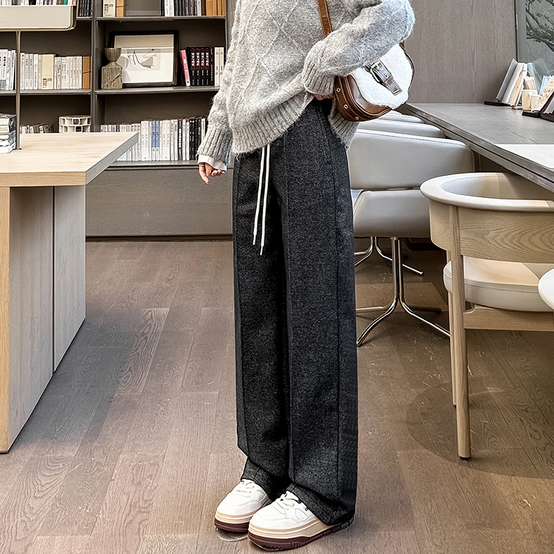 검은 회색 기모 두꺼운 모직 넓은 다리 바지 여성의 가을과 겨울 엘라스티스 허리 스트레이트 튜브 느슨한 바닥 길이 세트 바지