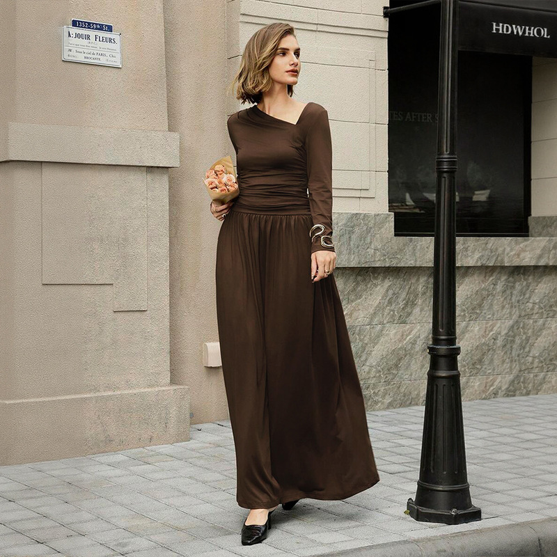 European and American High-End Commuter Style Dark Brown Slanted Shoulder Collar Slanted Pleated Waist Design Draped Long Dress for Women