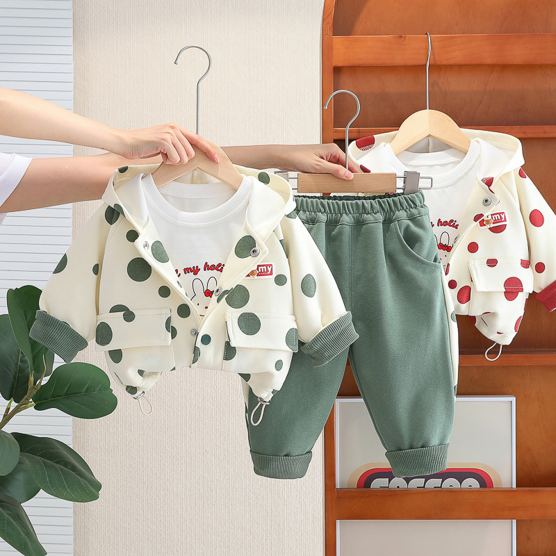 2024 새로운 소년 폴카 도트 지퍼 야구 유니폼 인쇄 하단 셔츠 캐주얼 바지 3 피스 소스 제조 업체 도매