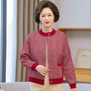 妈妈春秋加绒外套老年人秋冬装女毛衣老太太开衫保暖衣中老年衣服