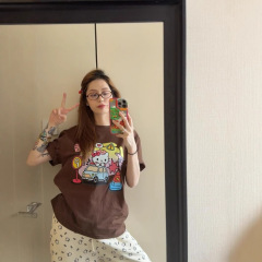 不透明で美しいハローキティプリント半袖Tシャツトップスメイラードピュアコットン半袖Tシャツ女性用落書き男性用