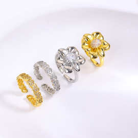 时尚跨境铜镀18k花卉花瓣开口戒指 镶满钻爱心戒指可调节指环首饰