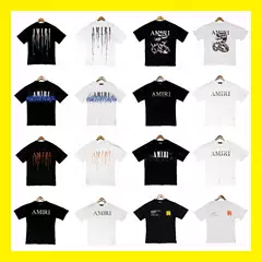 Cross-Border Wholesale Correct Version AM Ink Splash Drip Paint Camo Starry Sky Graffiti Letter Short Sleeve High Street Couple T-Shirt Iri