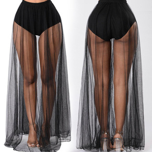 Cross-border women's mesh transparent mesh overskirt elastic waist hot girl beach sunscreen overskirt pants Amazon now