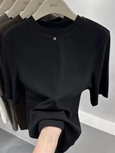 2024夏装新款黑色短袖t恤女宽松显瘦圆领上衣设计感半袖体恤