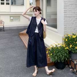 实拍韩系文艺风牛仔马甲白T阔腿裤套装2026夏深蓝休闲减龄三件套