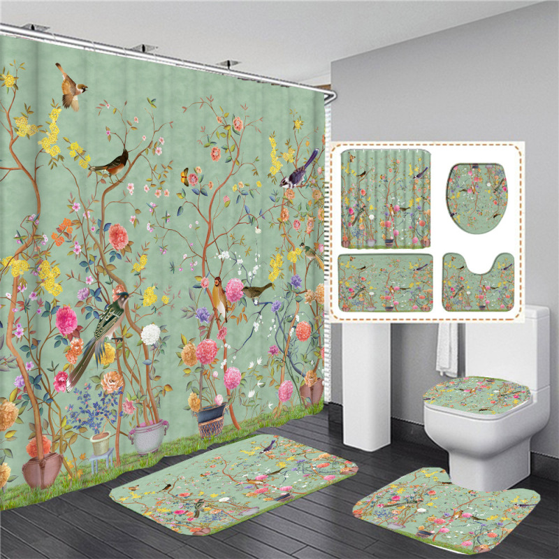 Chinese Style Floral and Bird Bathroom Curtain Set Toilet Seat Cover Bathtub Non-Slip Mat Carpet Rug Bathroom Decoration Chinese Style Floral and Bird Bathroom Curtain Set Toilet Seat Cover Bathtub Non-Slip Mat Carpet Rug Bathroom Decoration