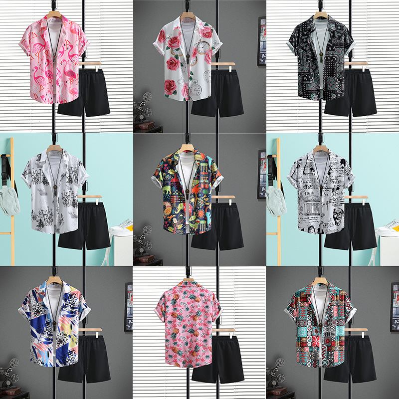 남자 반팔 셔츠 반바지 세트 남자 셔츠 바지 여름 2024 년 대외 무역을위한 새로운 국경 남성 의류