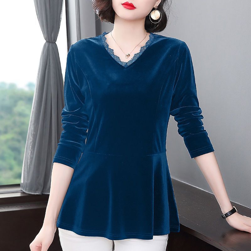 Velvet Top Women's New Spring and Autumn Stylish Long-Sleeve Shirt Plus Size Mid-Length Inner Collar Base Shirt