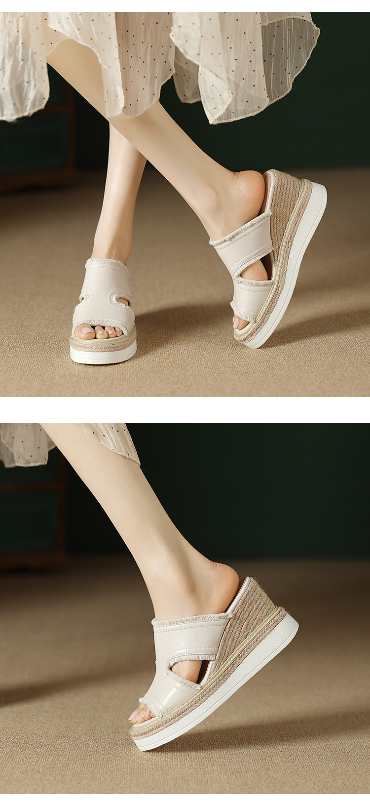 Dép sandal nữ quai ngang đế cao bện rơm mũi hở gót 9 cm — màu be, màu hồng nhạt chi tiết 4