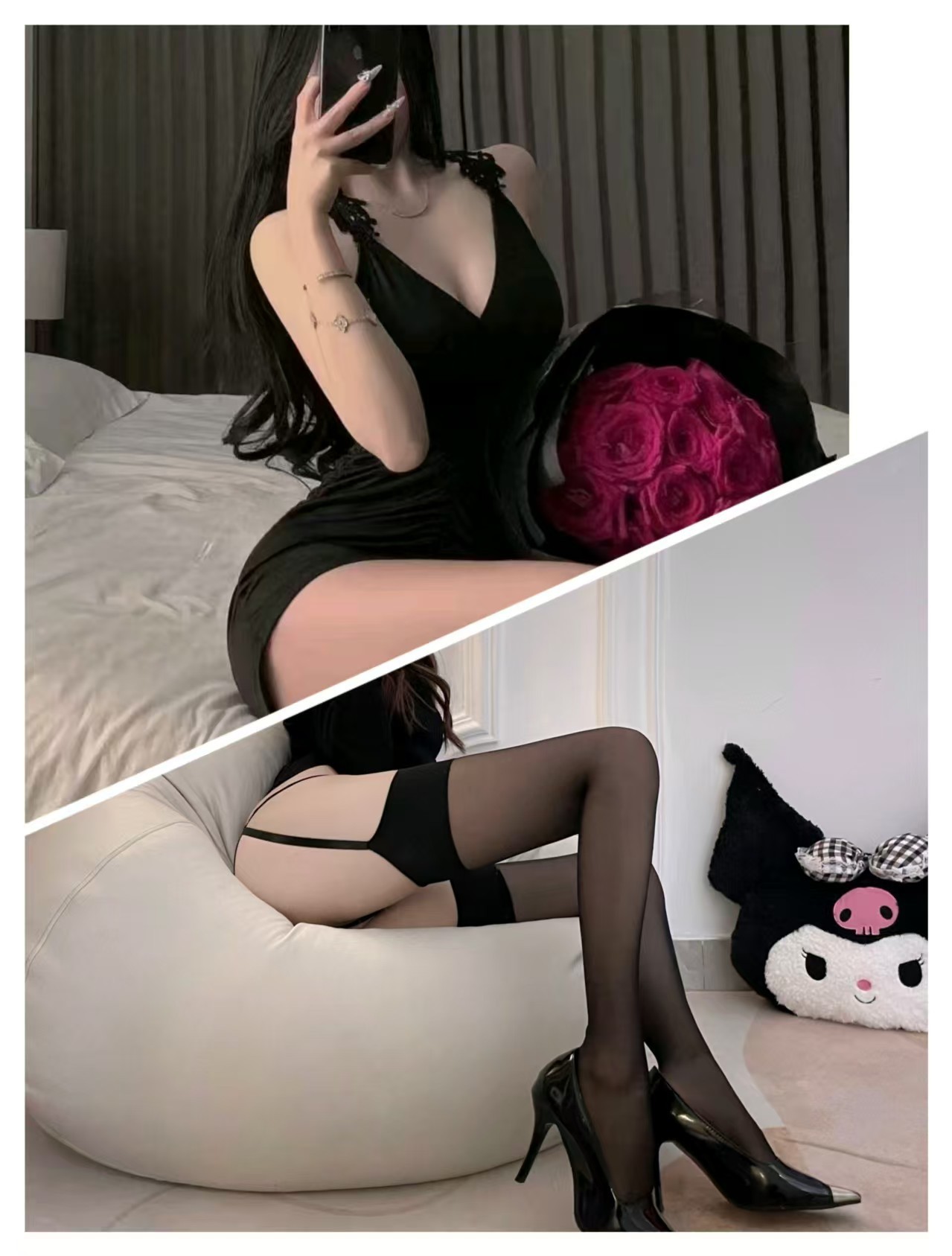 블랙 스타일 + 어울리는 블랙 서스펜더 스타킹