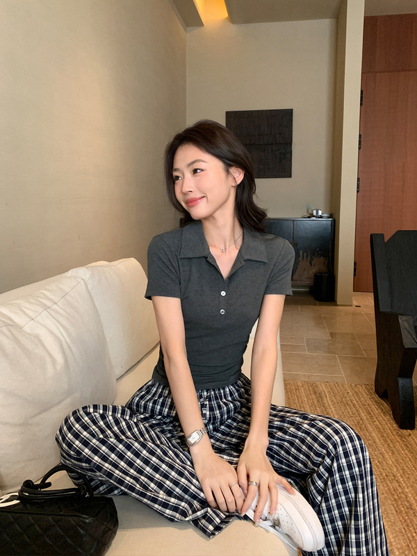 pusumede通勤polo衫 黑色短袖t恤女简约气质修身收腰短款天丝上衣|undefined