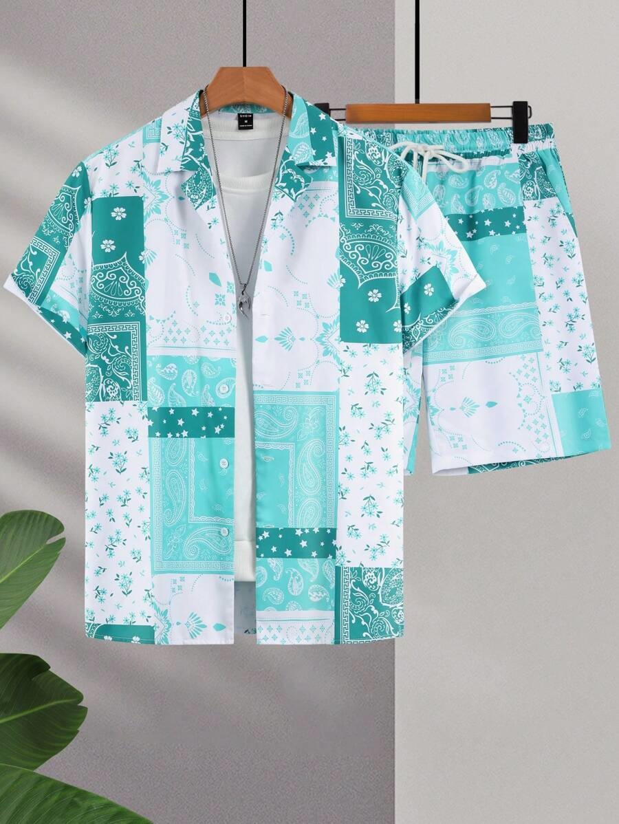 Color de contraste retro tótem impresión 3D comercio exterior Xiyin venta caliente verano hawaiano vacaciones camisa pantalones cortos traje de 2 piezas