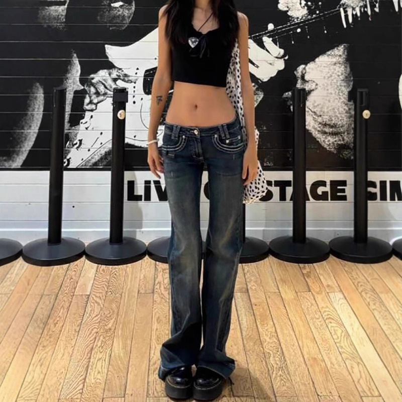 American Retro Embroidery Design Low-Waist Jeans for Women 2025 Spring and Autumn New Style Petite Slim-Fit Stretchy Floor-Length Pants