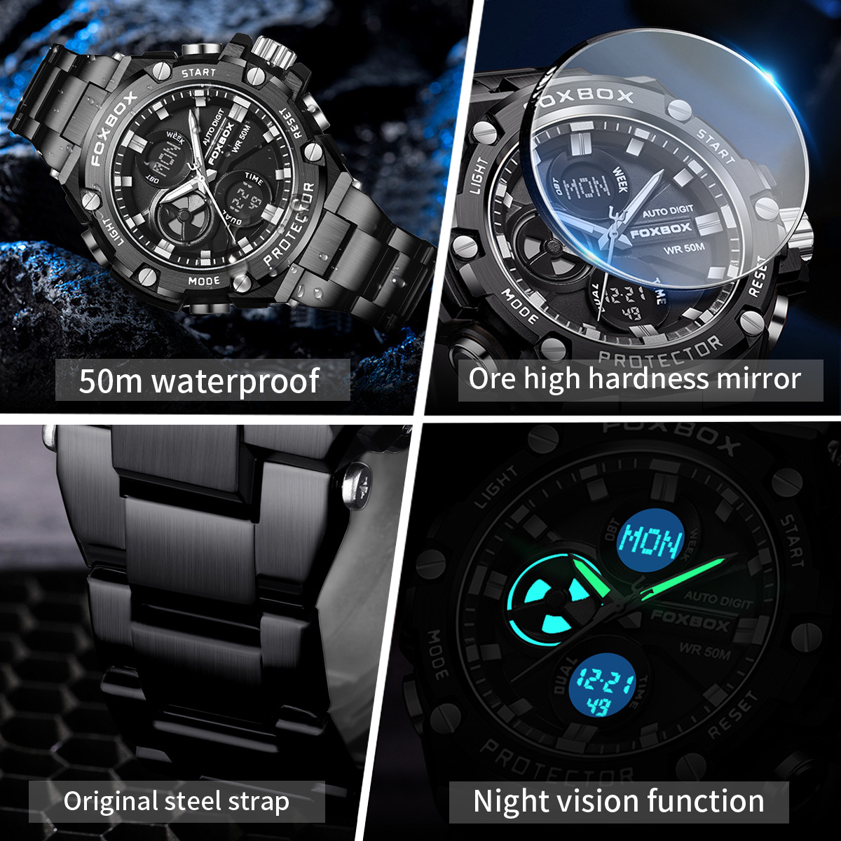 FOXBOX / clásico hombre doble pantalla multifunción reloj de despertador impermeable luz nocturna de moda reloj de pulsera de correa de acero