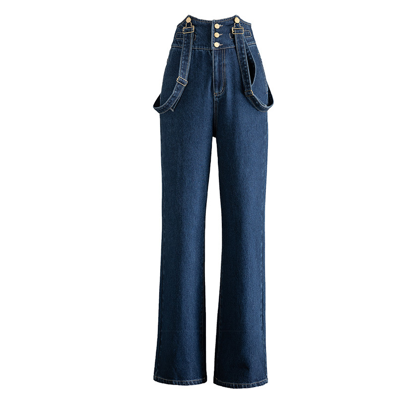 Yếm quần nữ denim ống rộng phong cách Hàn Quốc — xanh lam