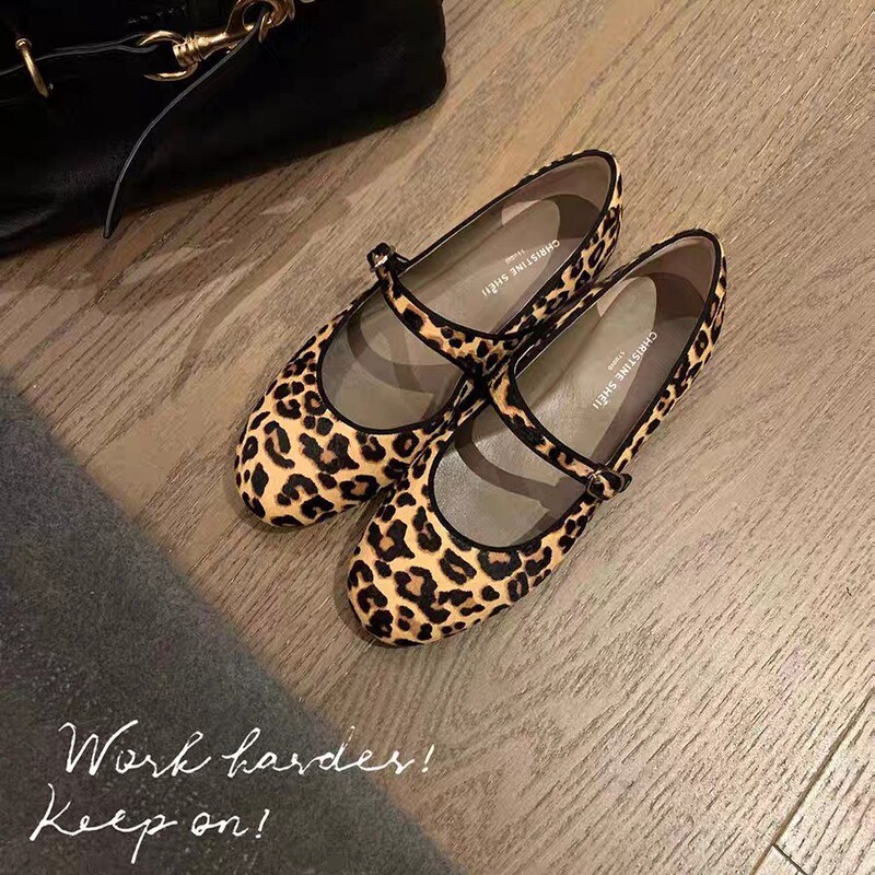 Same Style Genuine Leather Leopard Print Mary Jane Shoes for Women, Flat Ballet Shoes, Granny Shoes, Loafers