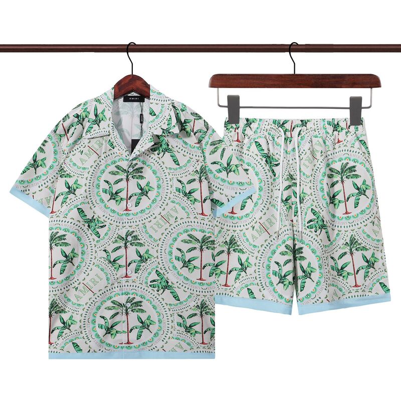 Amiri Shirt Summer Beach Shirt Green Vacation Style Palm Tree Patterned Shirt Hawaiian Couple Shirt