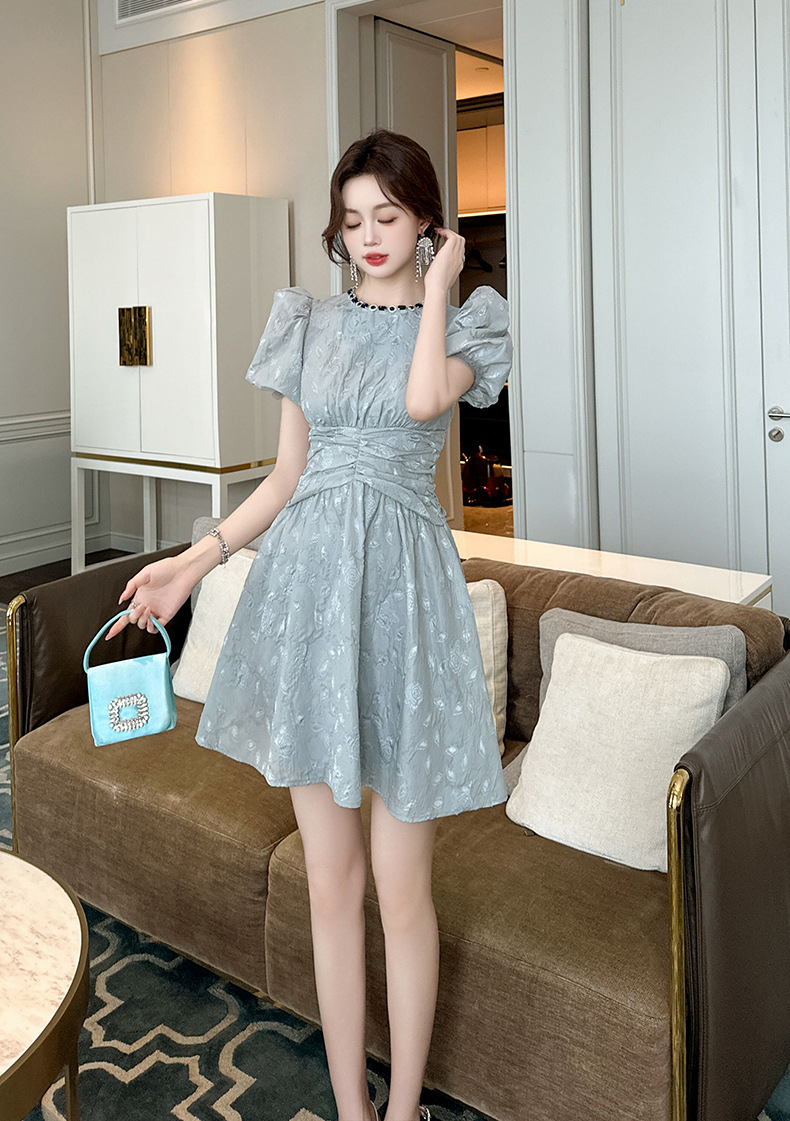 Váy chữ A retro cổ tròn tay bồng eo thon dáng xòe — Màu xám chi tiết 7