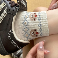 费尔岛小熊袜子女棉质吸汗透气弹力无骨短袜学院风通勤好搭休闲袜