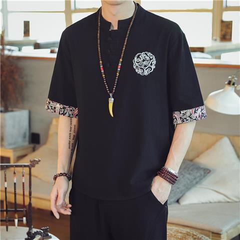 中国風tシャツ男性夏の薄いツル刺繍綿麻半袖tシャツ男ゆるい盤ボタン五分半袖男|undefined