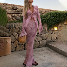 Ribbon print Top Pink Lace Print Long Skirt Set�ȼكɼ���ȹ