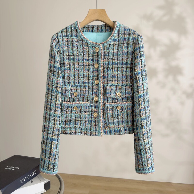 Chanel-Style Blue Fashionable Short Jacket for Women with Gold Thread and Sequins, Winter Elegant Short Coat Chanel-Style Blue Fashionable Short Jacket for Women with Gold Thread and Sequins, Winter Elegant Short Coat