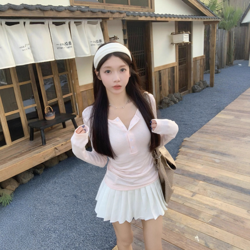韩系辣妹风粉色半开领长袖t恤女装秋季小众修身内搭正肩打底上衣|undefined
