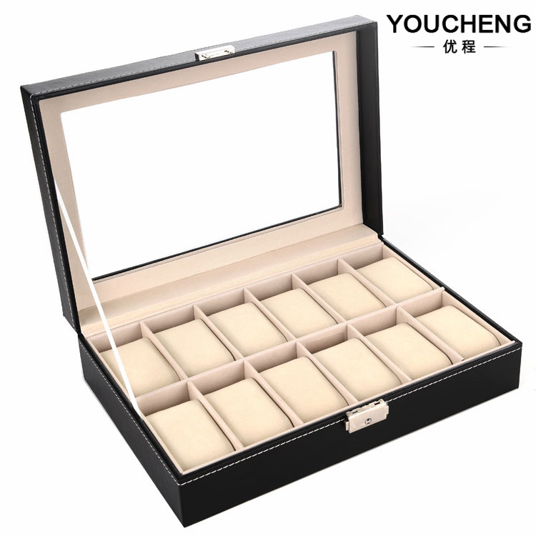 现货批发pu皮革手表盒一字锁12位手表盒首饰手表收纳盒木质手表箱