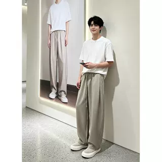 美式老钱风条纹透气宽松休闲裤男夏慵懒垂感条纹抽绳阔腿长裤