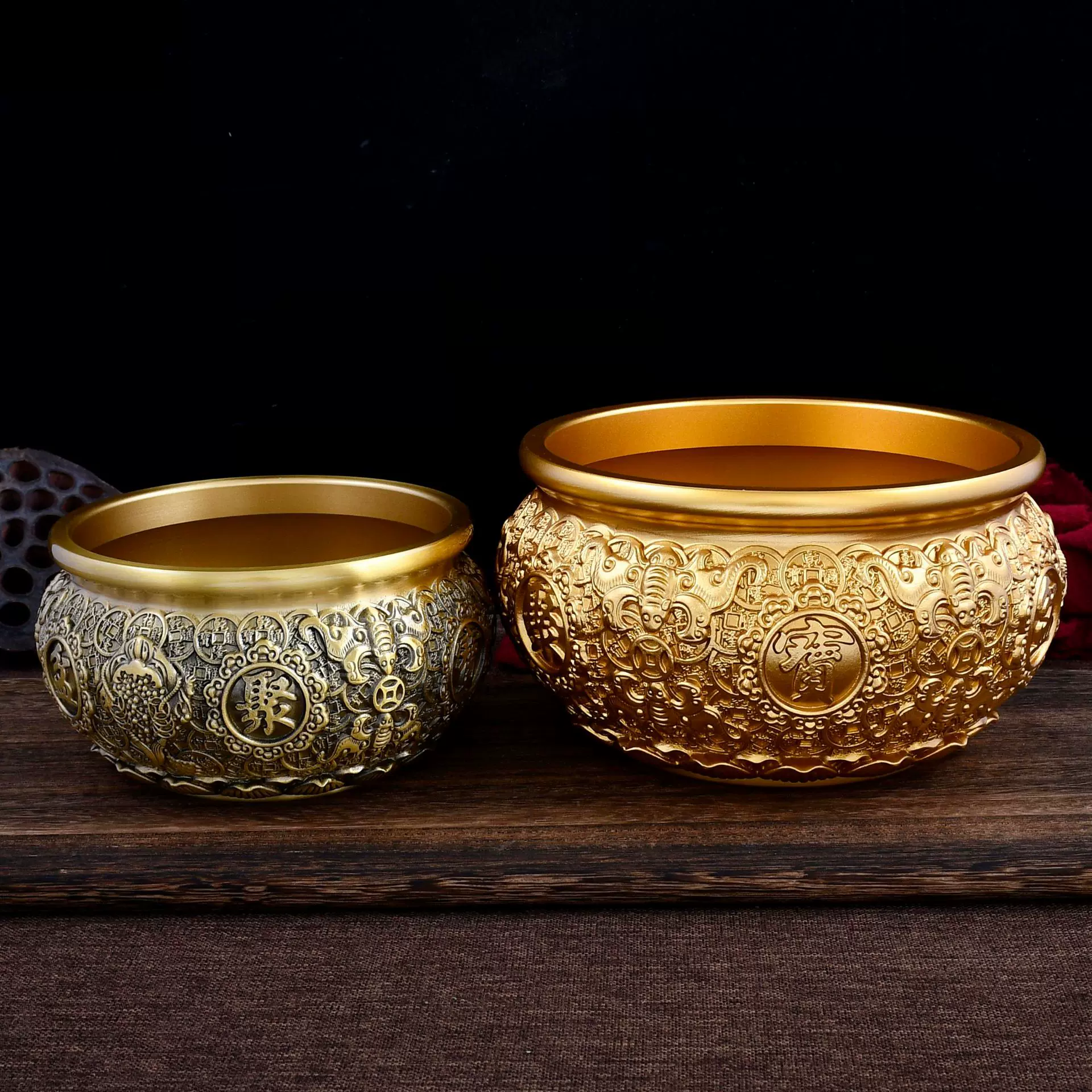 铜工艺品黄铜大小号聚宝盆组合金蟾聚宝盆铜摆件桌面摆件开业铜盆