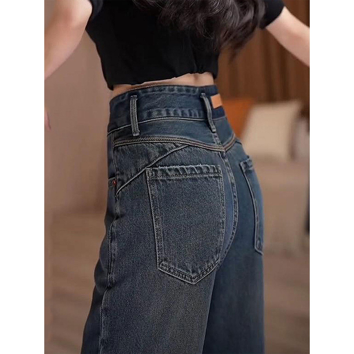 Pantalones vaqueros retro de talle alto, corte ajustado y pierna recta elástica para mujer, tallas grandes, estilo adelgazante, pierna ancha, nuevo estilo 2026, ajuste curvilíneo_voghion.com