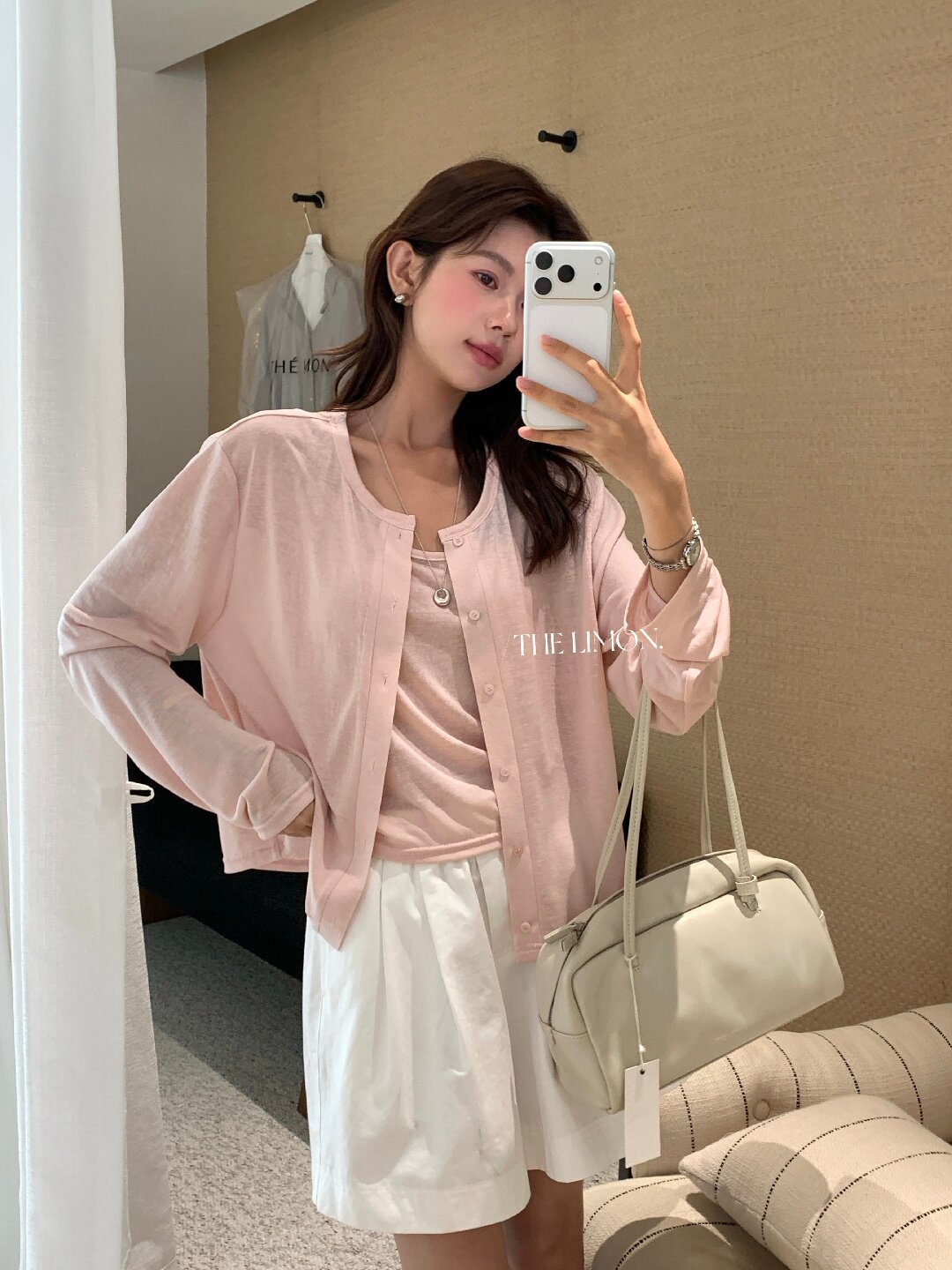 Bộ cardigan len mỏng kèm áo hai dây hai mảnh nữ mùa hè — Xám cacbon, xanh lam, màu hồng, Đậu xanh chi tiết 93