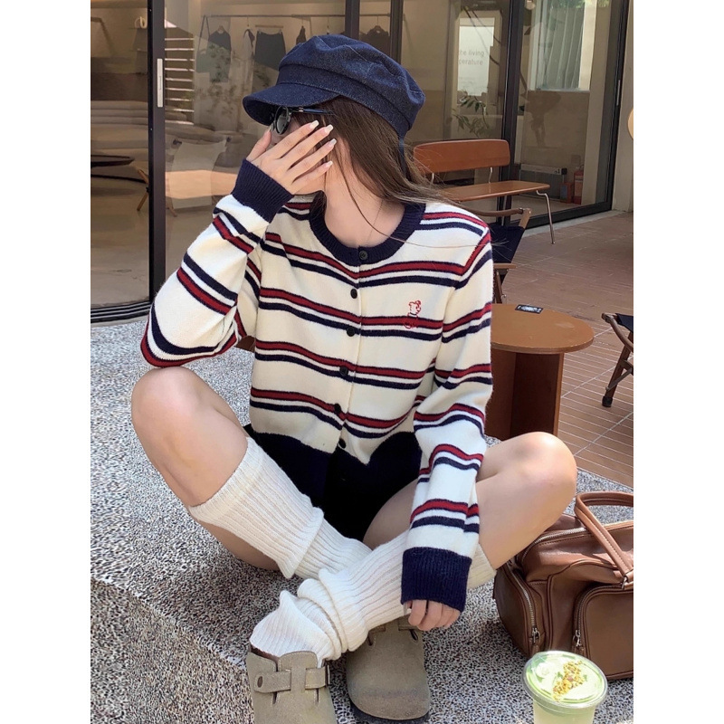 复古撞色条纹长袖针织开衫女2025秋冬季新款小狗刺绣宽松外套上衣|undefined