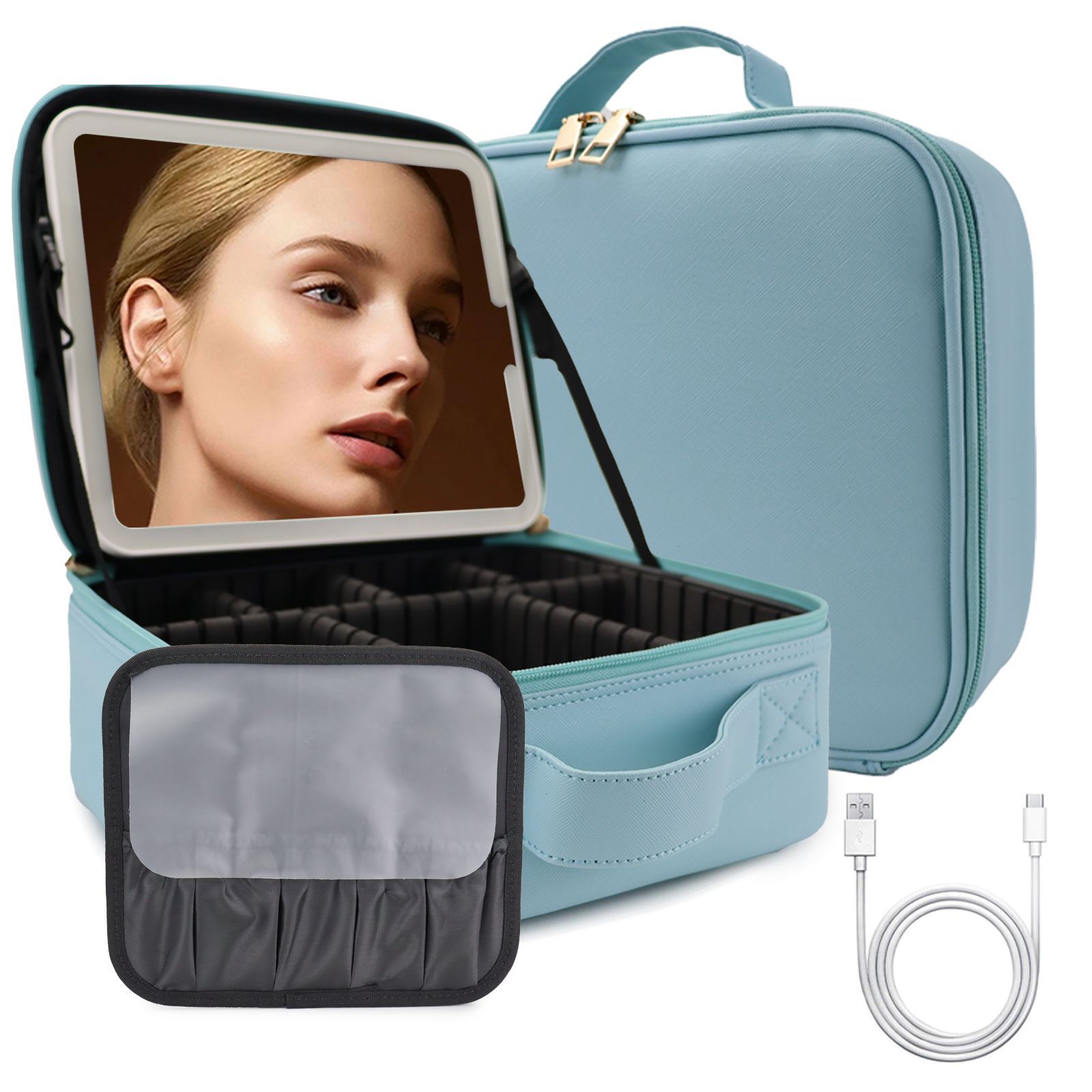 Bolsa de cosméticos de viaje LED premium con espejo para mujer caja de pinceles de maquillaje portátil de gran capacidad bolsa de belleza de partición portátil
