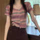 Colorful Striped Short-sleeved Sweater Women's T-shirt Summer New Sweet Spice Girl Short Cardigan Single-breasted Age-reducing Top