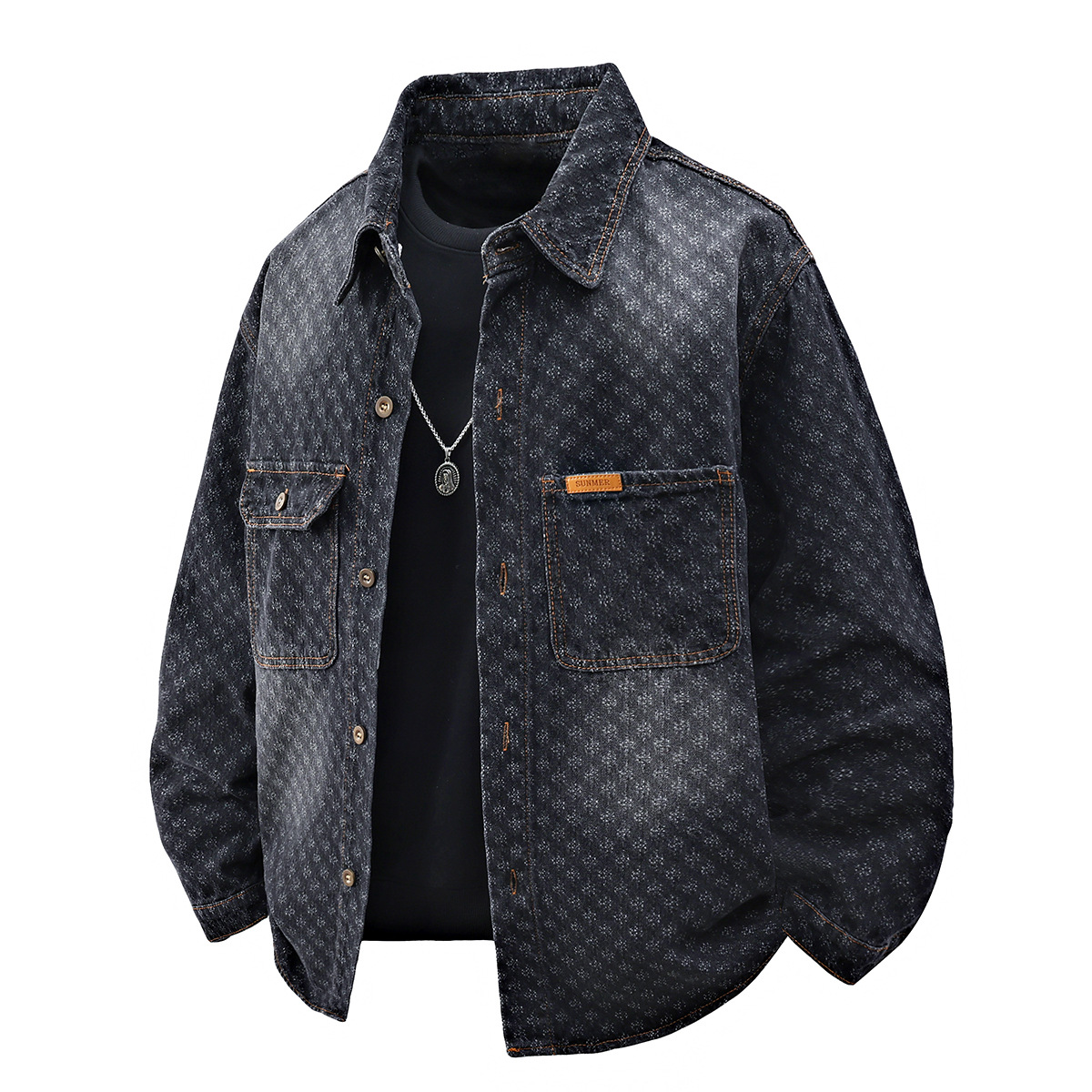 Spring And Autumn New Jacquard Denim Jacket Men's High Street Trend Long Sleeved Shirt American Style Loose Foreign Trade Jacket Men_mkmklike.com