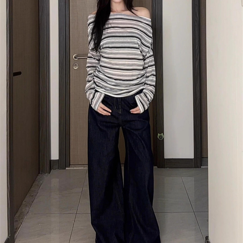 Striped Off-Shoulder Long-Sleeve T-Shirt for Women, Early Autumn Korean Chic Style, Stylish and Lazy Sloping Shoulder Top