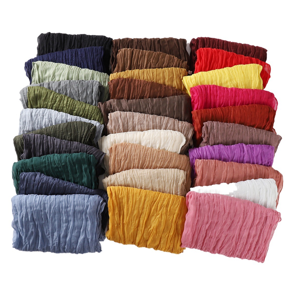 Cross-Border spring and autumn pure color silk yarn twist wrinkle cotton and linen breathable thin scarf female cover scarf in stock wholesale