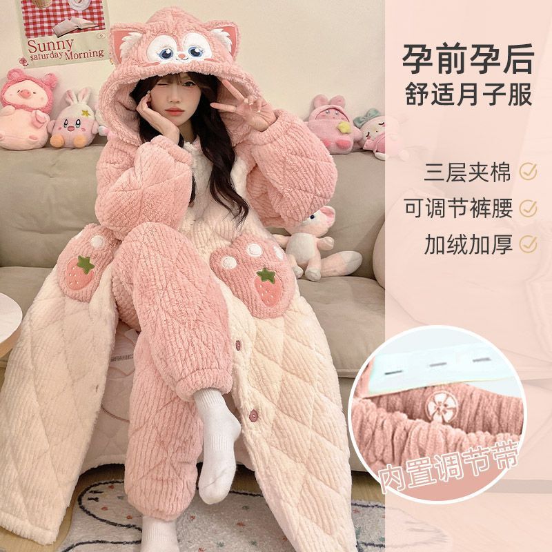 Pijama de embarazo de invierno de coral de lana de tres capas de algodón intercalado 2024 nuevo conjunto de pijama grueso prénatal