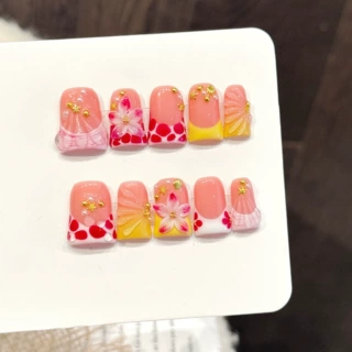 艺禾原创【粉樱金漾】粉金花朵晕染纹纯手工穿戴甲少女风美甲贴片