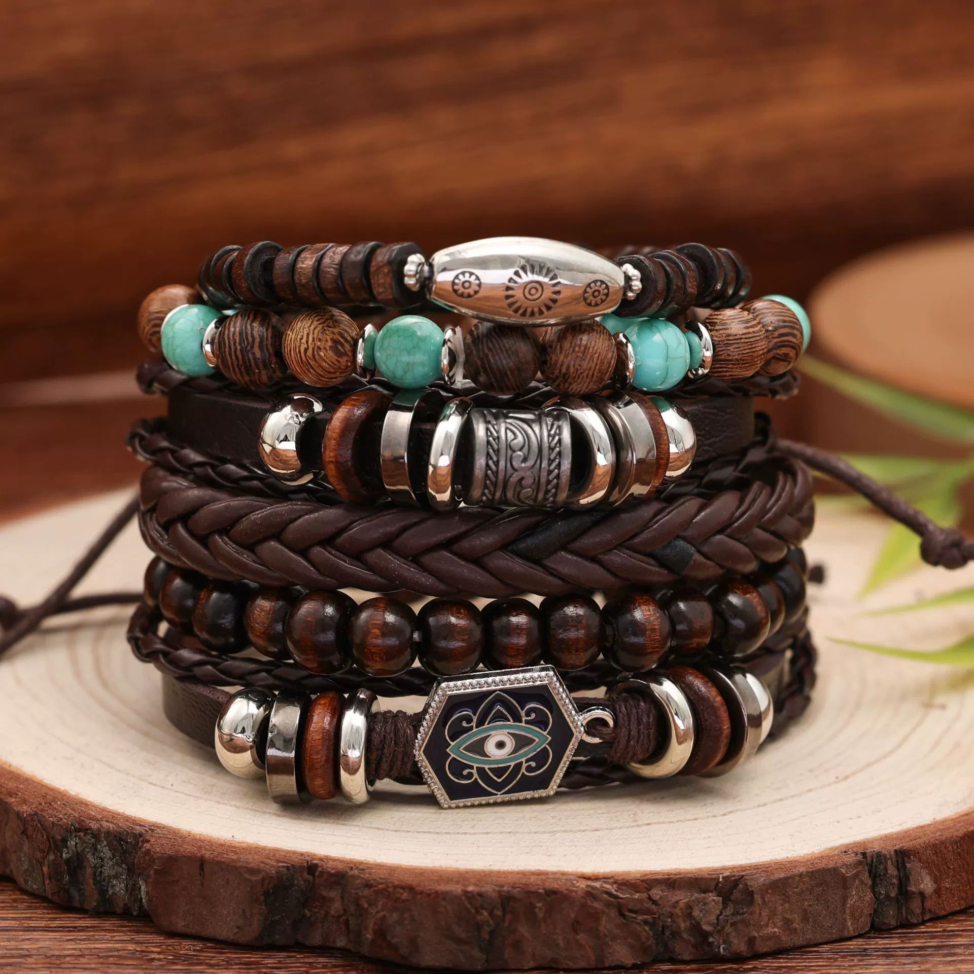 Nuevos productos transfronterizos Cuentas de madera europeas y americanas con cuentas de múltiples capas flor retro pluma de pavo real juego de pulsera tejido a mano en forma de corazón image 4