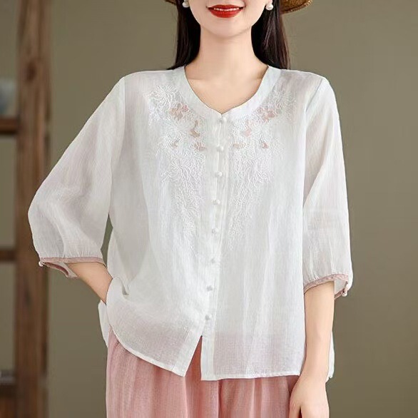 Retro Style Shirt Three-Quarter Sleeve Women's Summer New Style Artistic Shirt Embroidered Loose Shirt Top