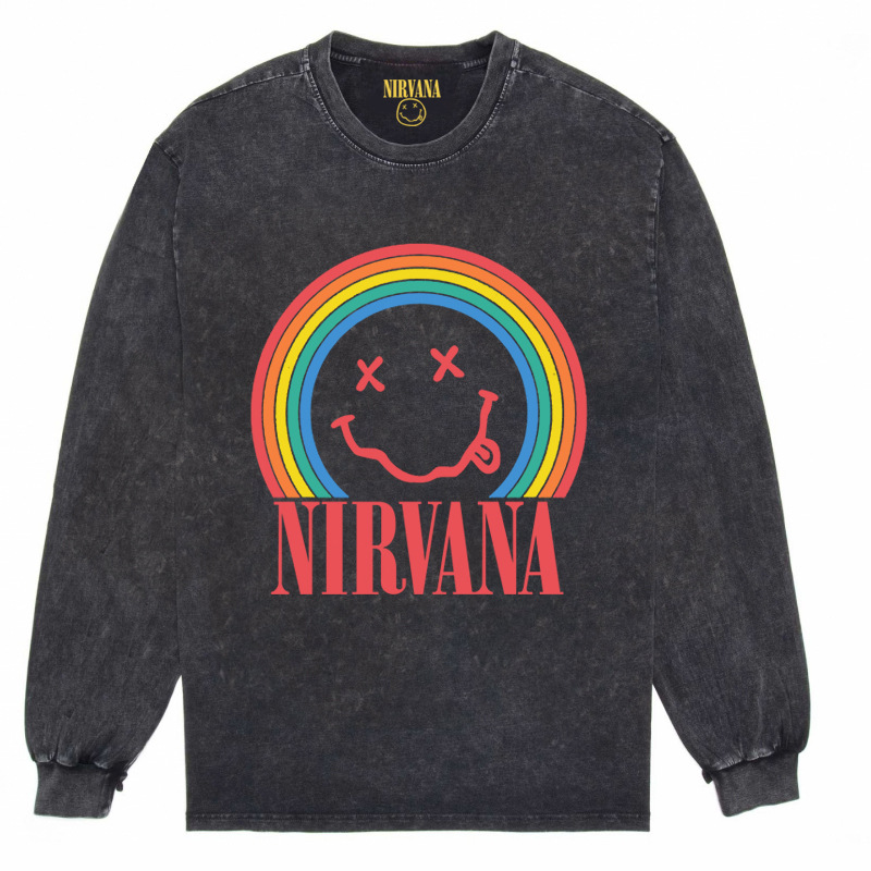 Nirvana Vintage American retro apenado rock punk angustiado lavado batik Camiseta de manga larga